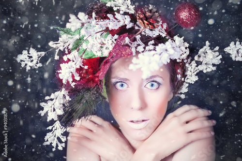 Frozen woman with tree hairstyle and makeup at Christmas  winter