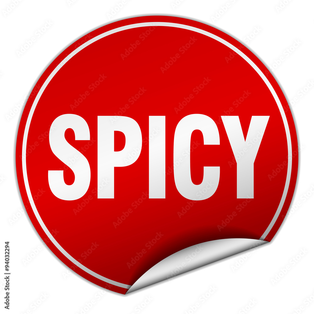 spicy round red sticker isolated on white spicy round red sticker isolated on white
