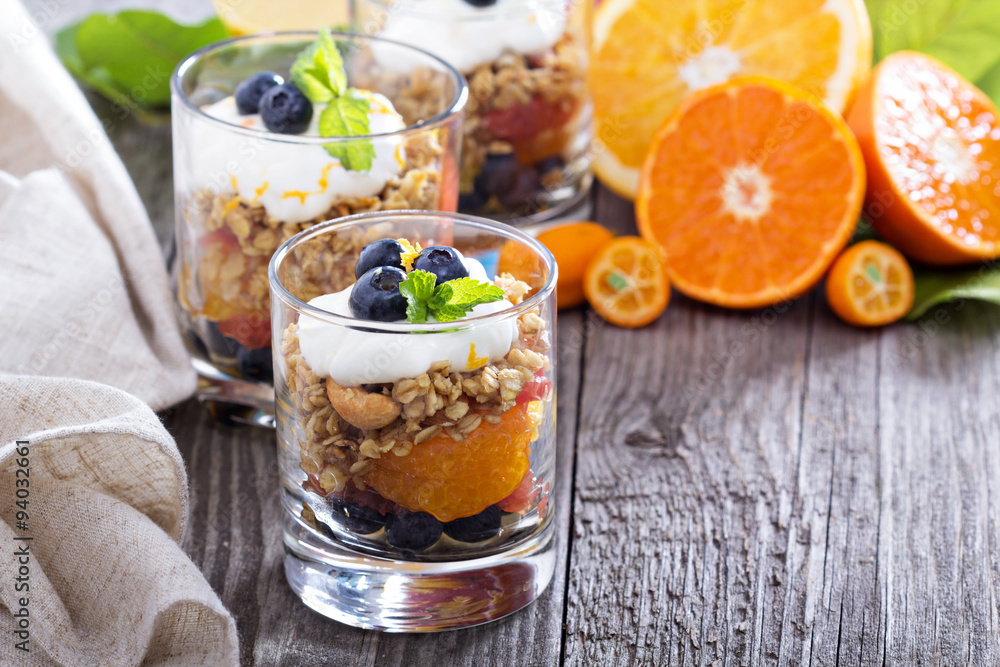 Granola breakfast parfait with citrus 