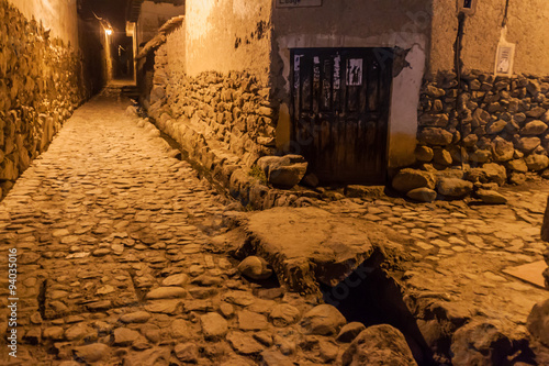 Night view of ancient streets of Ollantaytambo, Sacred Valley of Incas, Peru