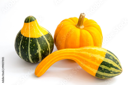 Small decorative gourds and a pumpkin - Thanksgiving decoration photo