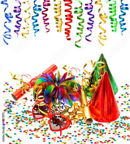 Party decoration with garlands, streamer, confetti, cracker