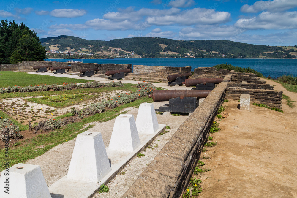 Cannons on a fortification of a fort Fuerte San Antonio in Ancud, Chiloe island, Chile