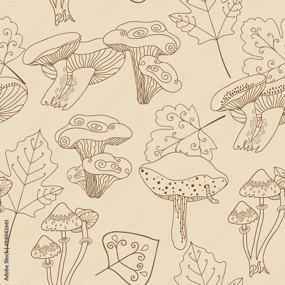 Stock vector seamless pattern with mushrooms and leaves. Seamless patterns are used in textile design, postcards, calendars, websites, wallpapers, packages. Stock vector seamless pattern with mushrooms and leaves. Seamless patterns are used in textile design, postcards, calendars, websites, wallpapers, packages.