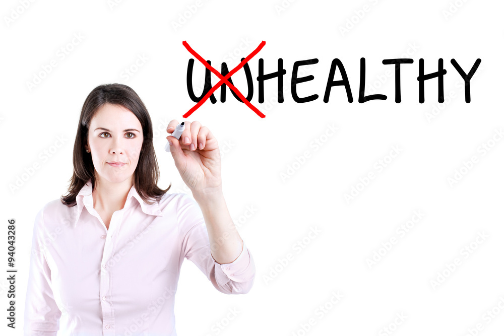 Businesswoman choosing Healthy instead of Unhealthy. Businesswoman choosing Healthy instead of Unhealthy.