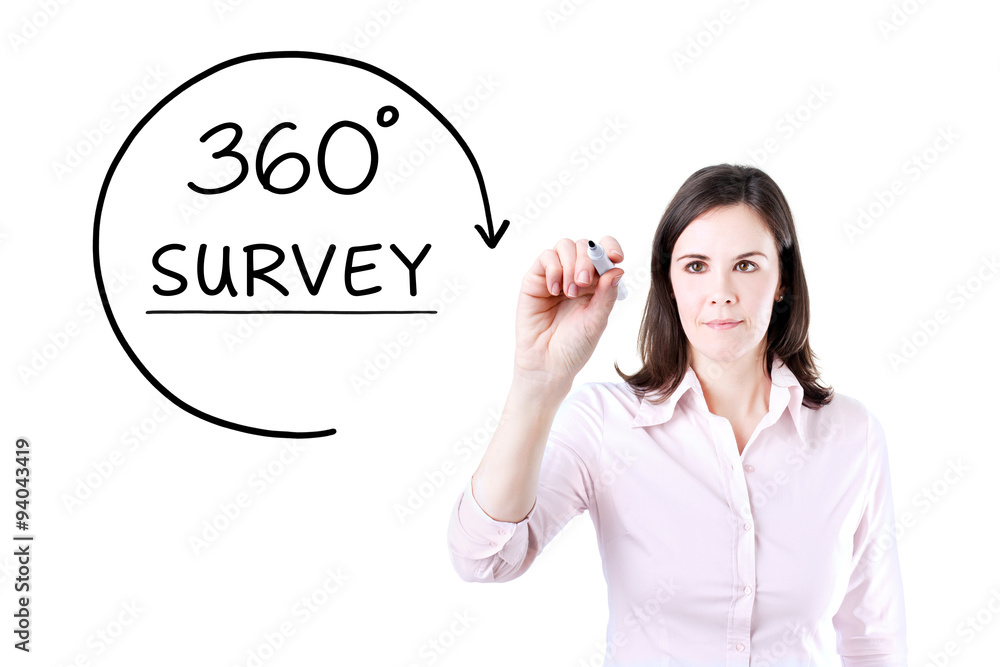 Businesswoman drawing a 360 degrees Survey concept on the virtual screen. Businesswoman drawing a 360 degrees Survey concept on the virtual screen.