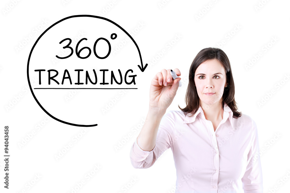 Businesswoman drawing a 360 degrees Training concept on the virtual screen. Businesswoman drawing a 360 degrees Training concept on the virtual screen.