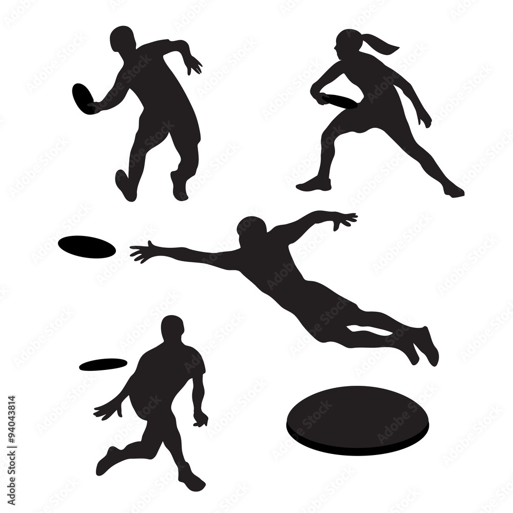 Men playing ultimate frisbee 4 silhouettes - obrazy, fototapety, plakaty 