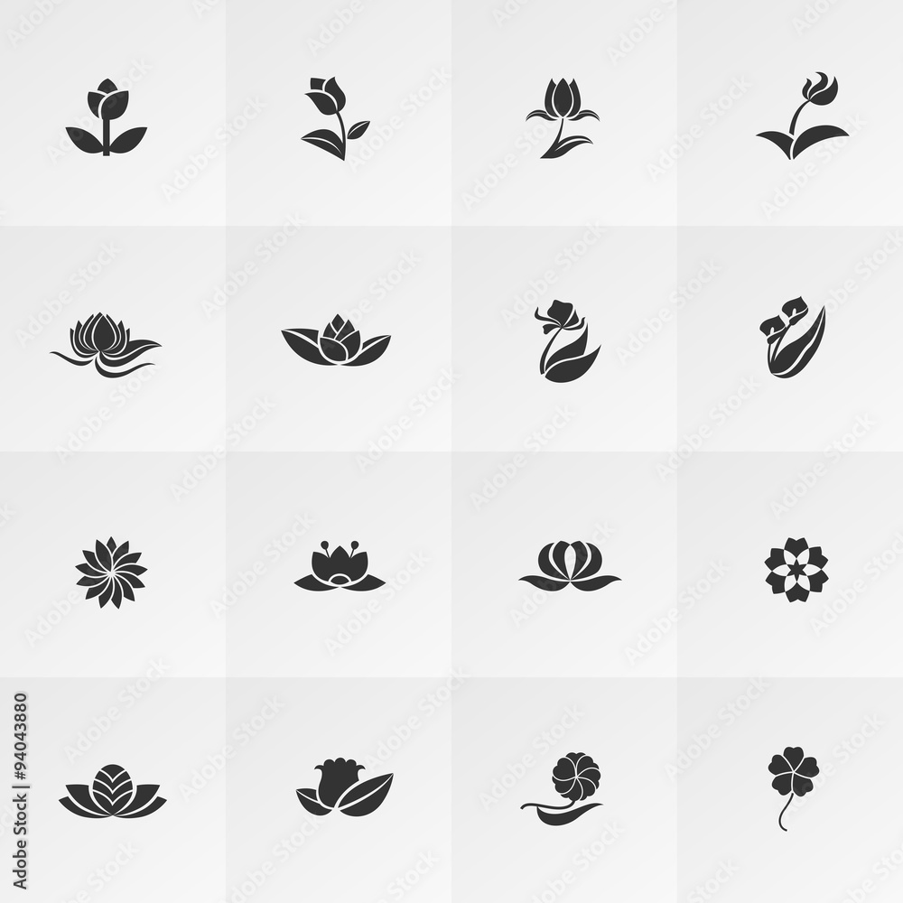 Silhouette fantasy logo flower lotus rose tulip sunflower daisy clover leaf icon set, create by vector Silhouette fantasy logo flower lotus rose tulip sunflower daisy clover leaf icon set, create by vector