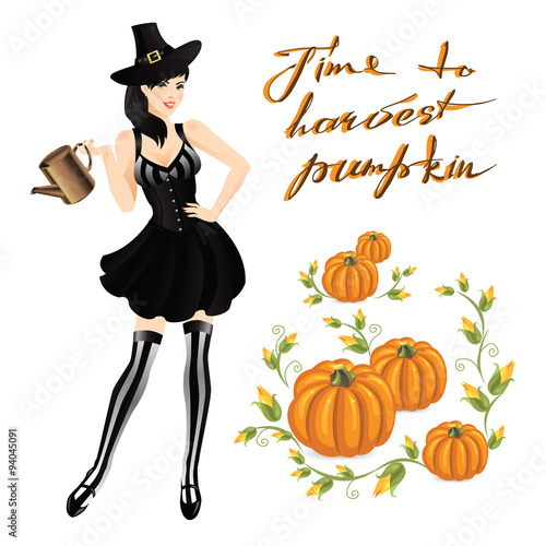 Woman in witch costume for halloween. Harvests pumpkin. Smoky Eye makeup. Woman in striped stockings, corset, black skirt and old cap with belt 