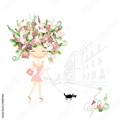 Floral girl with dog on street, sketch for your design