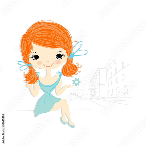 Cute girl on street, sketch for your design