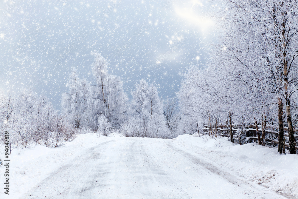 Fototapeta premium Christmas background with snowy fir trees