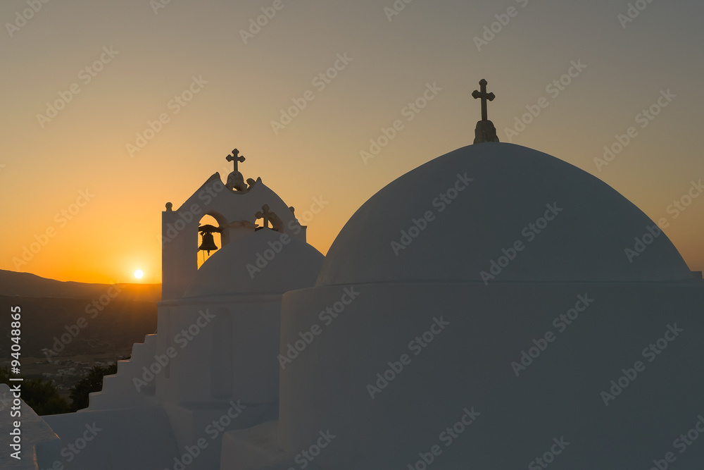 Traditional church saint Antony in Paros island against the sunset.
