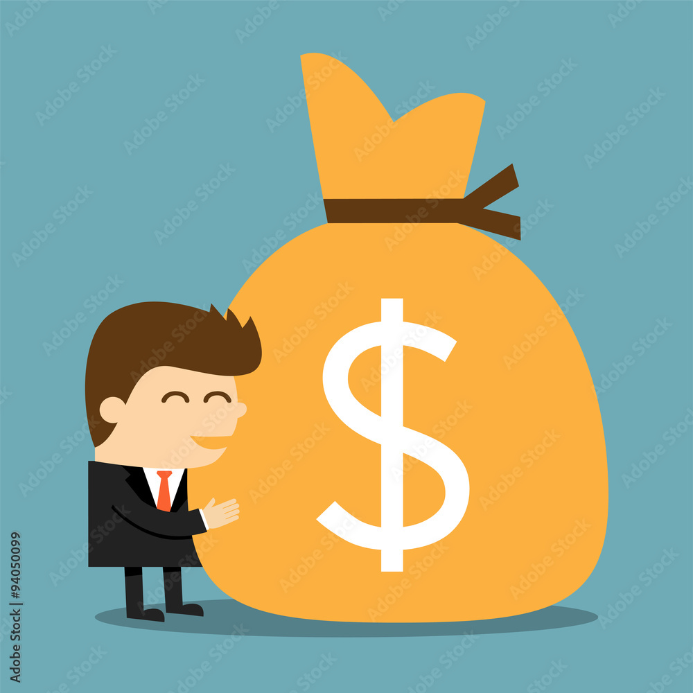 Businessman hugging a sack of money Businessman hugging a sack of money