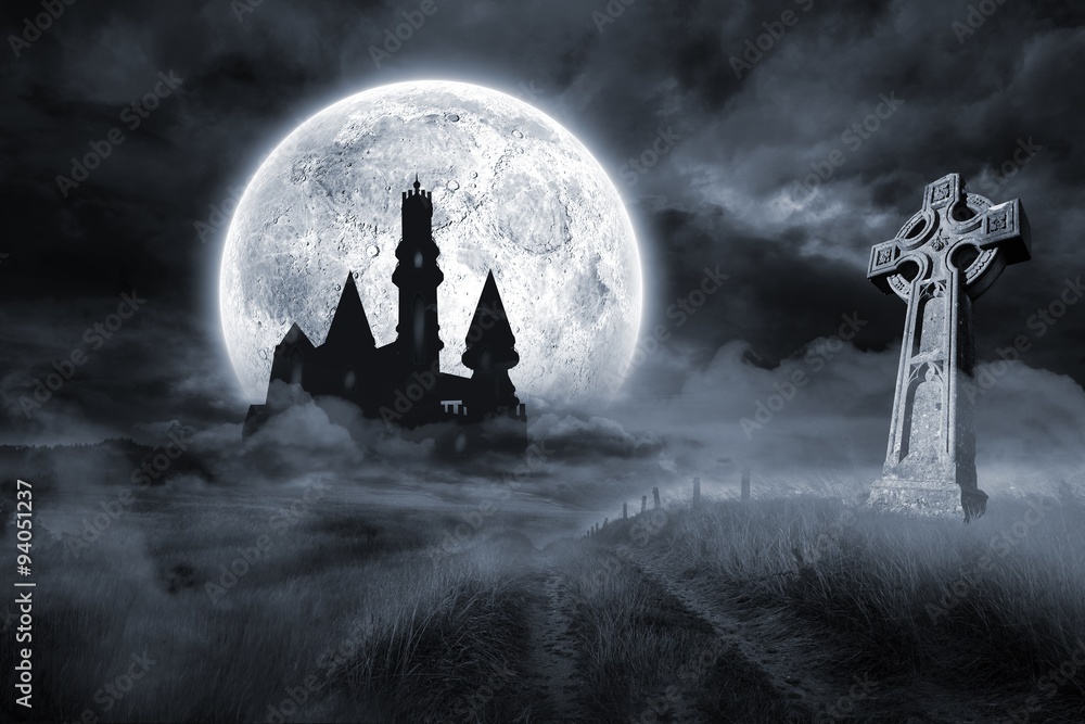 Naklejka premium Castle and grave under full moon