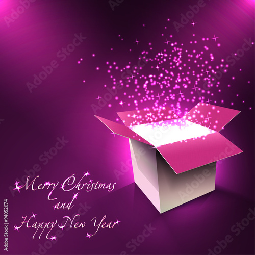 Merry Christmas and Happy New Year postcard. Magic box. Vector Illustration photo