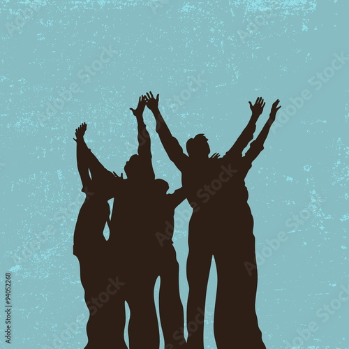 Group prayer, raised hands, praise, worship, silhouettes, people
