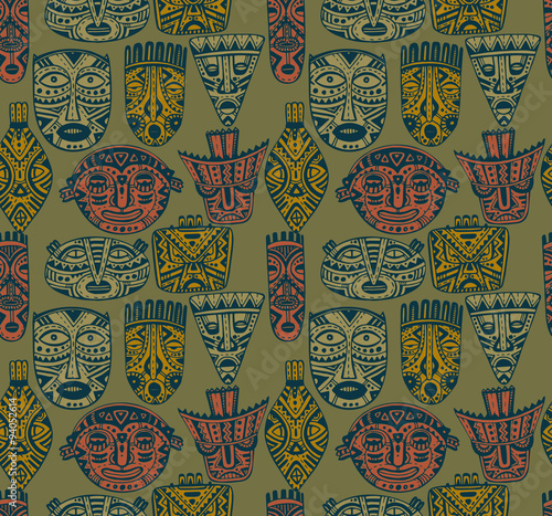 Seamless vector pattern with hand drawn fancy masks in african s
