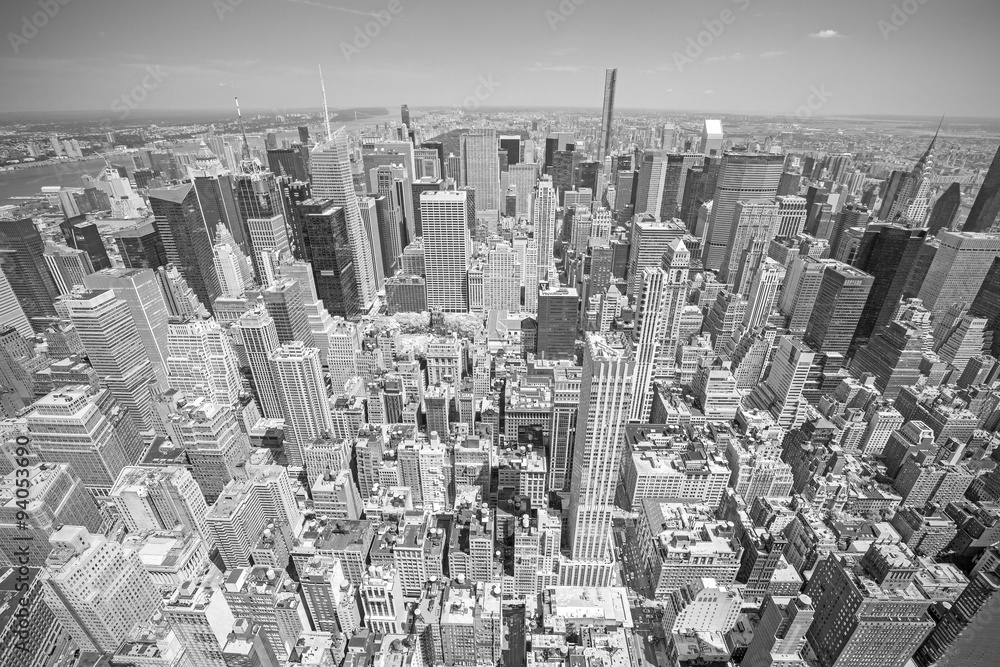 Black and white toned aerial view of Manhattan, USA.