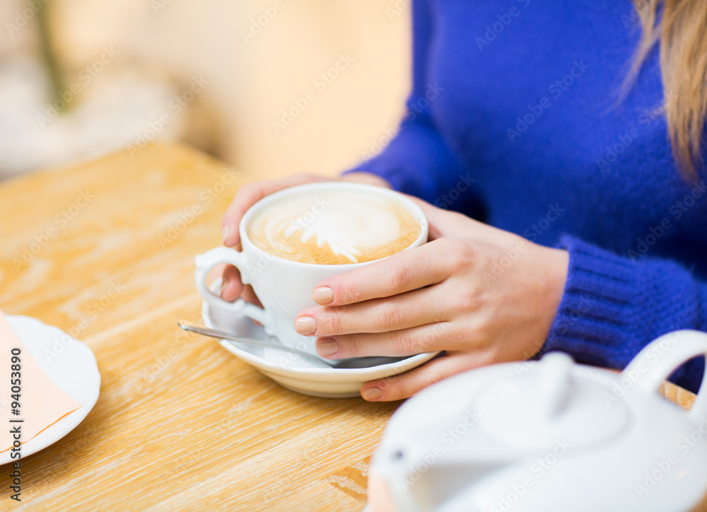 close up of woman with coffee cup at cafe close up of woman with coffee cup at cafe