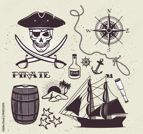 Set of vintage pirate elements. 