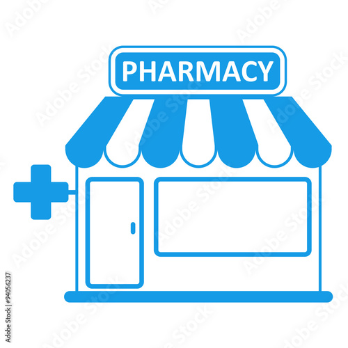 Icono plano tienda con texto PHARMACY azul photo