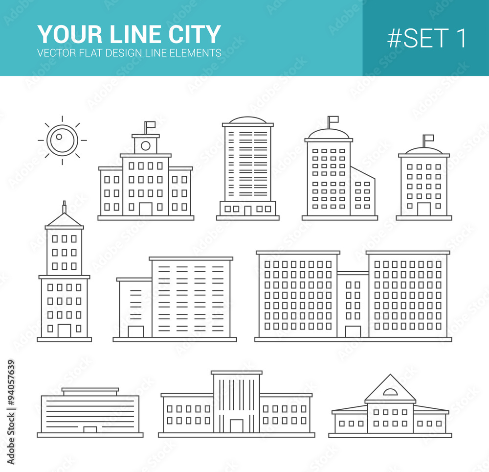 Set of line flat design buildings icons. Skyscrapers, goverment 