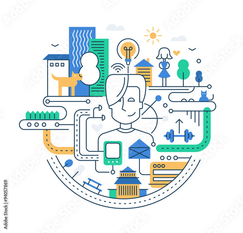 Illustration of modern line flat design city composition with pe