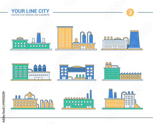 Set of line flat design industrial buildings icons. Factories