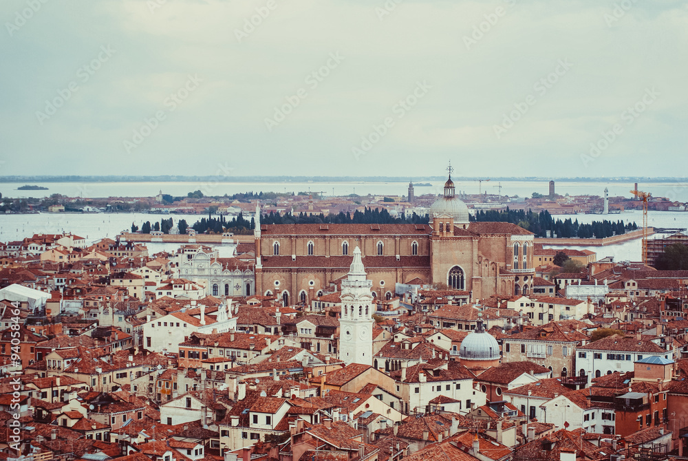 The roof tops of Venice, Italy, shot from the city tower in the center of the town.
