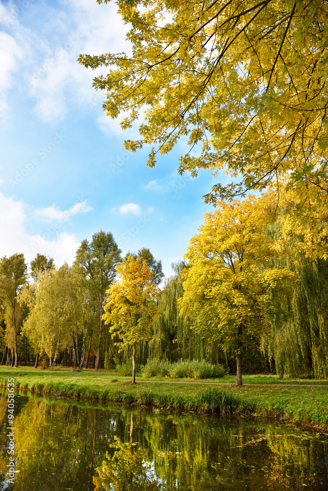 Fantastic autumn landscape with yellow trees near the pond (rest