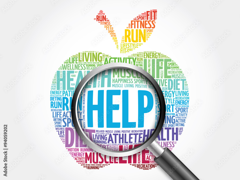 Naklejka premium Help apple word cloud with magnifying glass, health concept