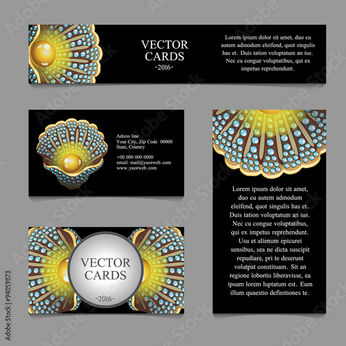 Four cards with pearl mussel on a black background