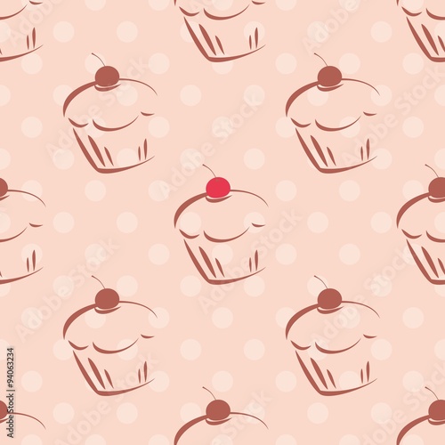 Tile vector pattern with cherry cupcakes and white polka dots on pink background