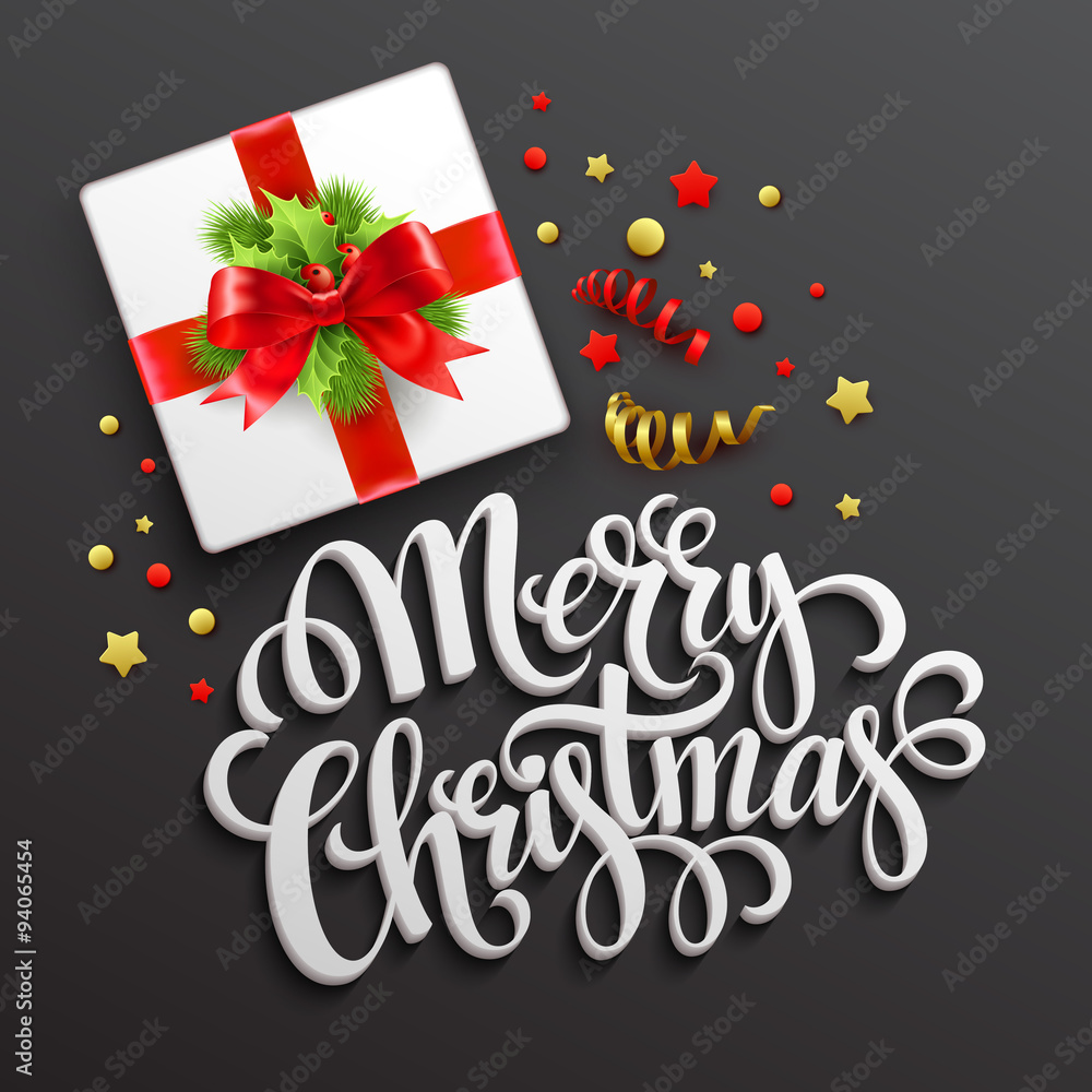 Fototapeta premium Merry Christmas greeting card. Gift box. Vector illustration.