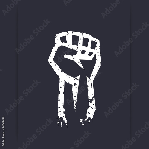 Fist held high, protest sign, grunge white silhouette, vector illustration