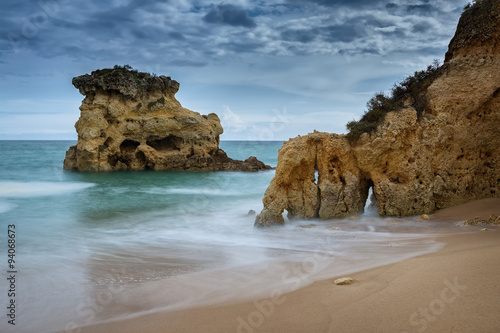 Waves on the coast of Albufeira. Before the storm. Portugal.