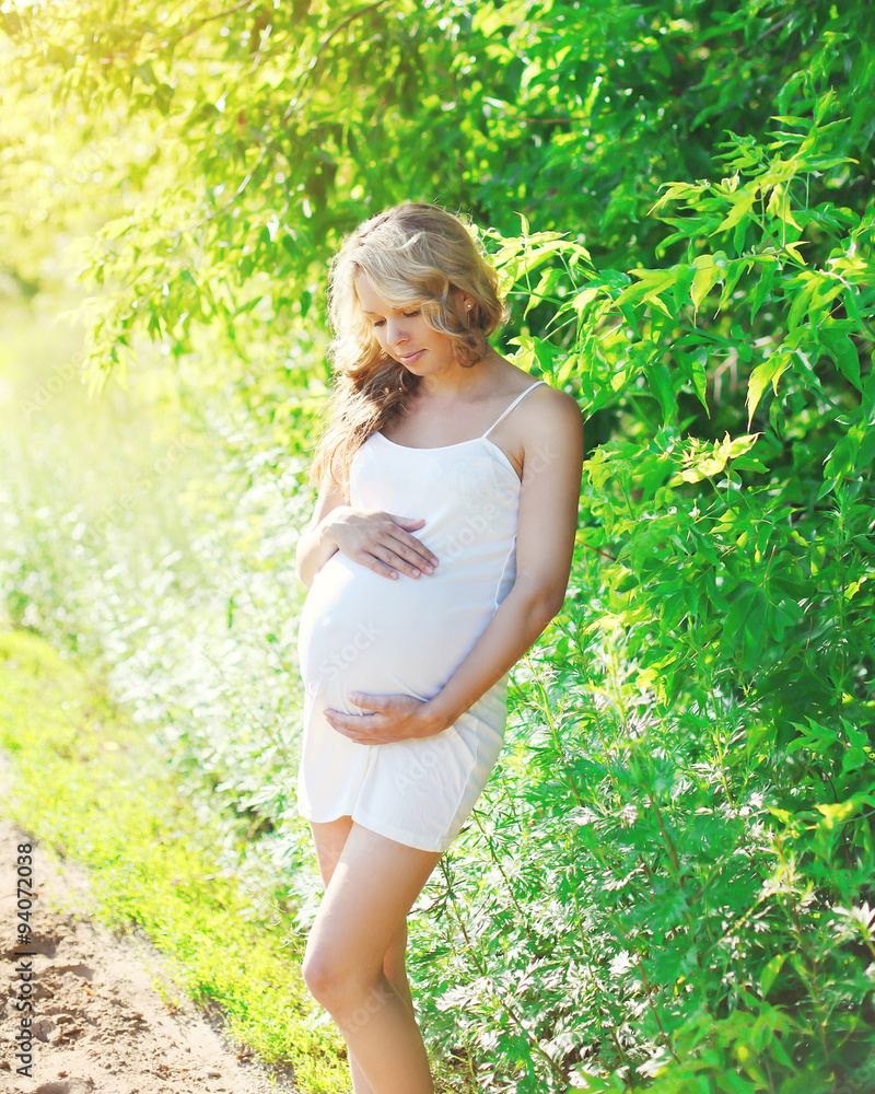 Beautiful young pregnant woman in dress on nature Beautiful young pregnant woman in dress on nature