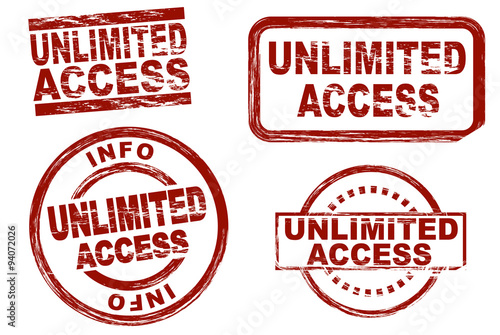 Set of stylized red stamps showing the term unlimited access. All on white background