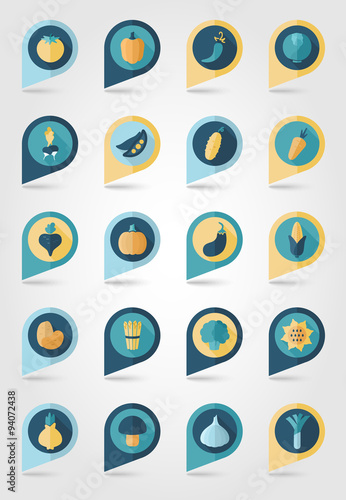Vegetable mapping pins icons with long shadow