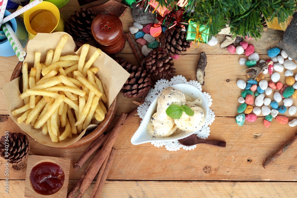 Gift boxes and french fries , ice cream to celebrate Christmas.