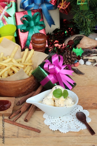 Gift boxes and french fries   ice cream to celebrate Christmas.