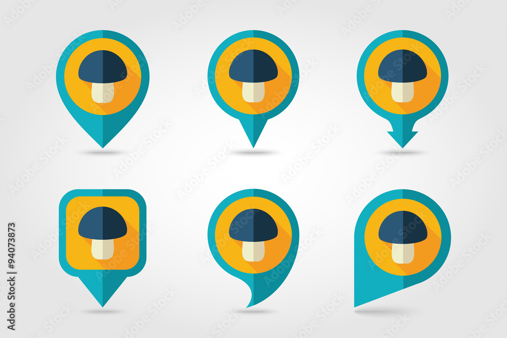 Mushroom mapping pins icons with long shadow Mushroom mapping pins icons with long shadow