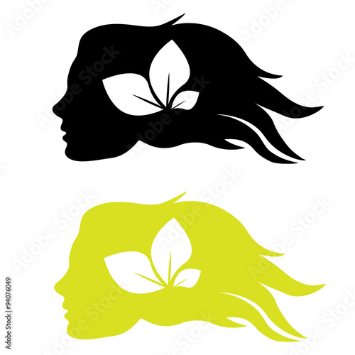 A girl in profile with long hair with flower leaves. Abstract design concept for beauty salon, massage, cosmetic and spa. Vector logo design template.
