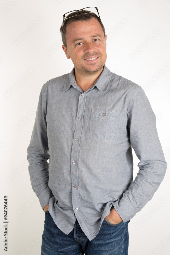 Happy and unshaven man wearing casual clothes Happy and unshaven man wearing casual clothes