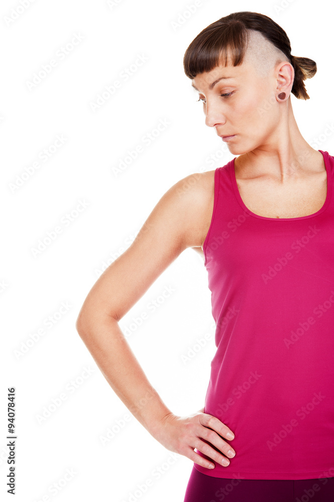 Young fitness woman looking aside. isolated over white backgroun Young fitness woman looking aside. isolated over white backgroun
