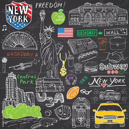 New York city doodles elements. Hand drawn set with, taxi, coffee, hotdog, statue of liberty, broadway, music, coffee, newspaper, museum, central park. Drawing doodle collection, on chalkboard