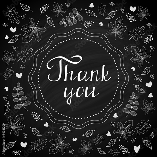 Thank you note on chalk board with botanical background. vector