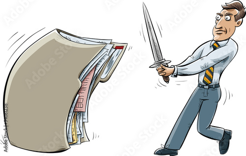 A cartoon business man holding a sword confronts and aggressive file folder.